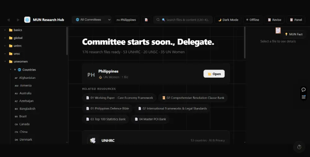 MUN Research Hub delegate platform interface